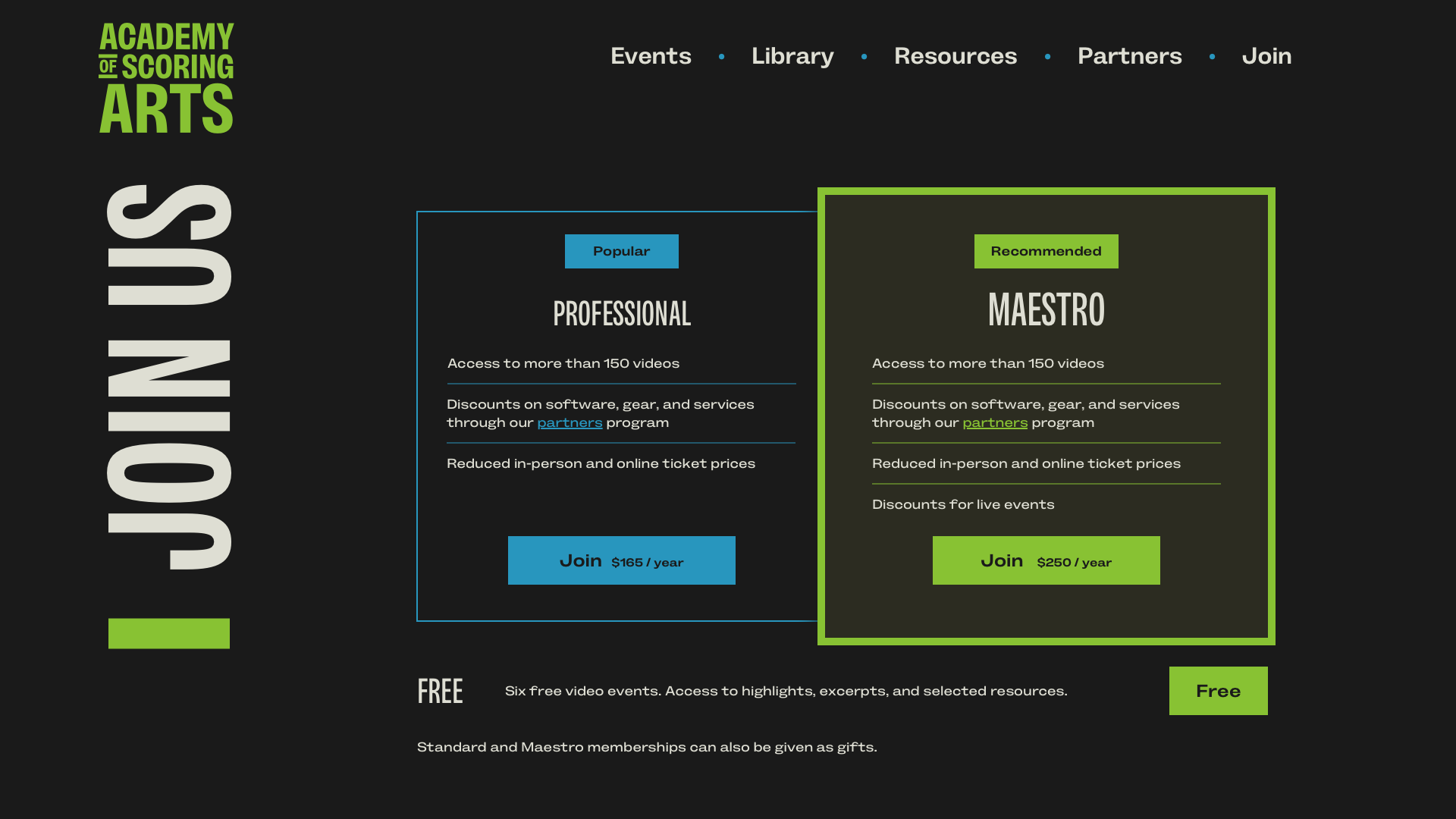 Academy of Scoring Arts sign-up page