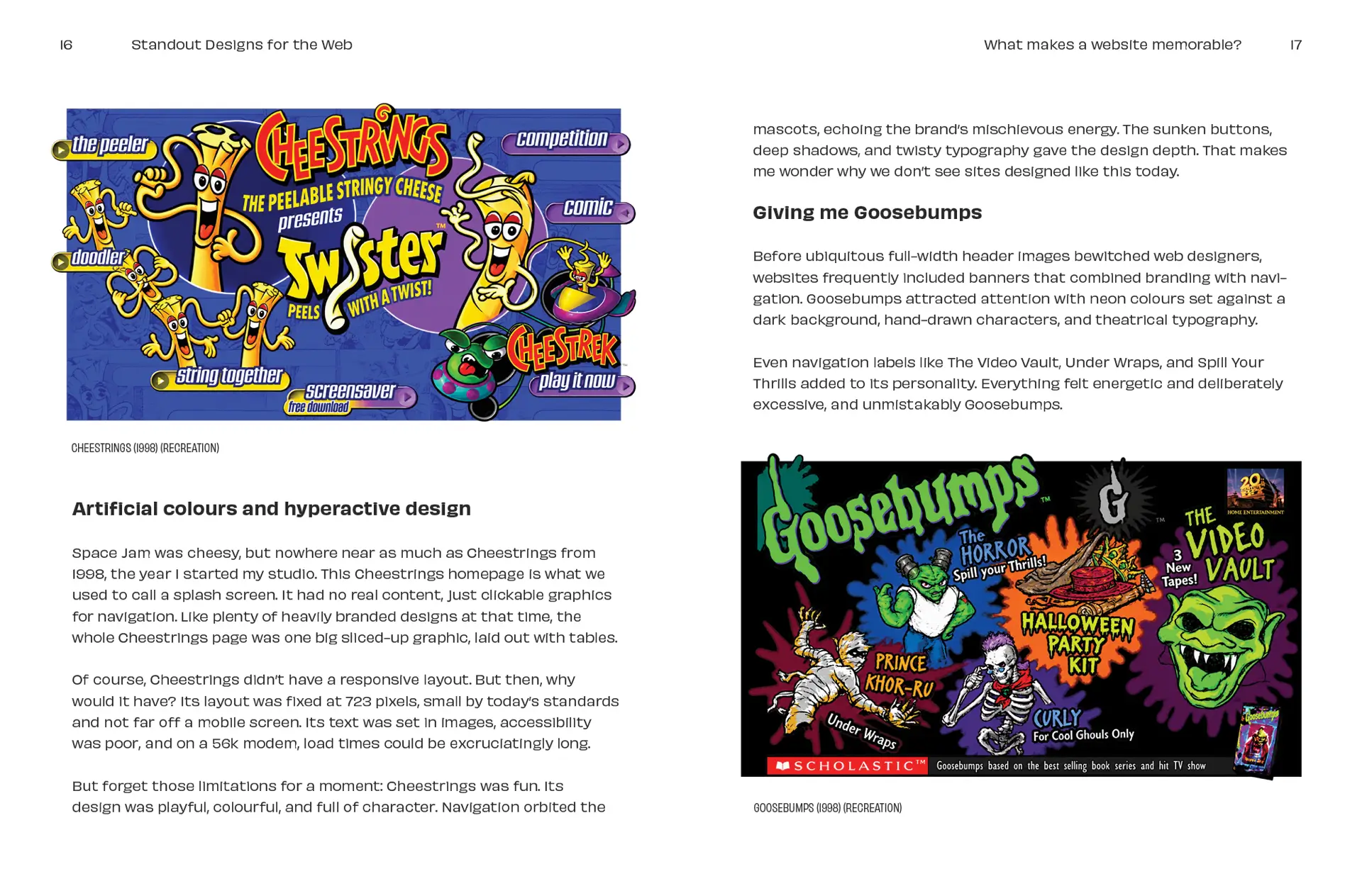 A spread from Standout Designs for the Web book showing 1990s websites