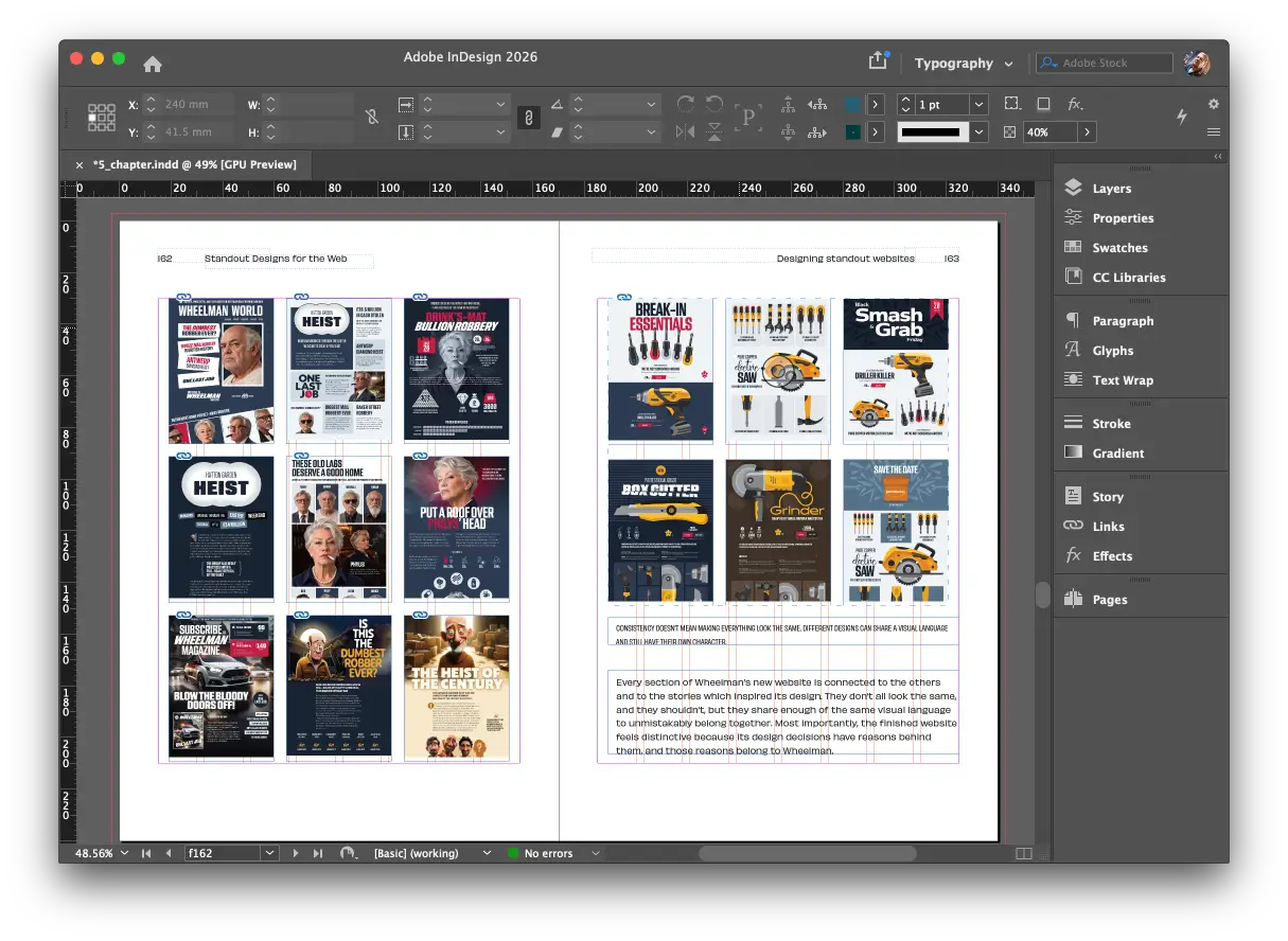 My InDesign workspace while designing Standout Designs for the Web