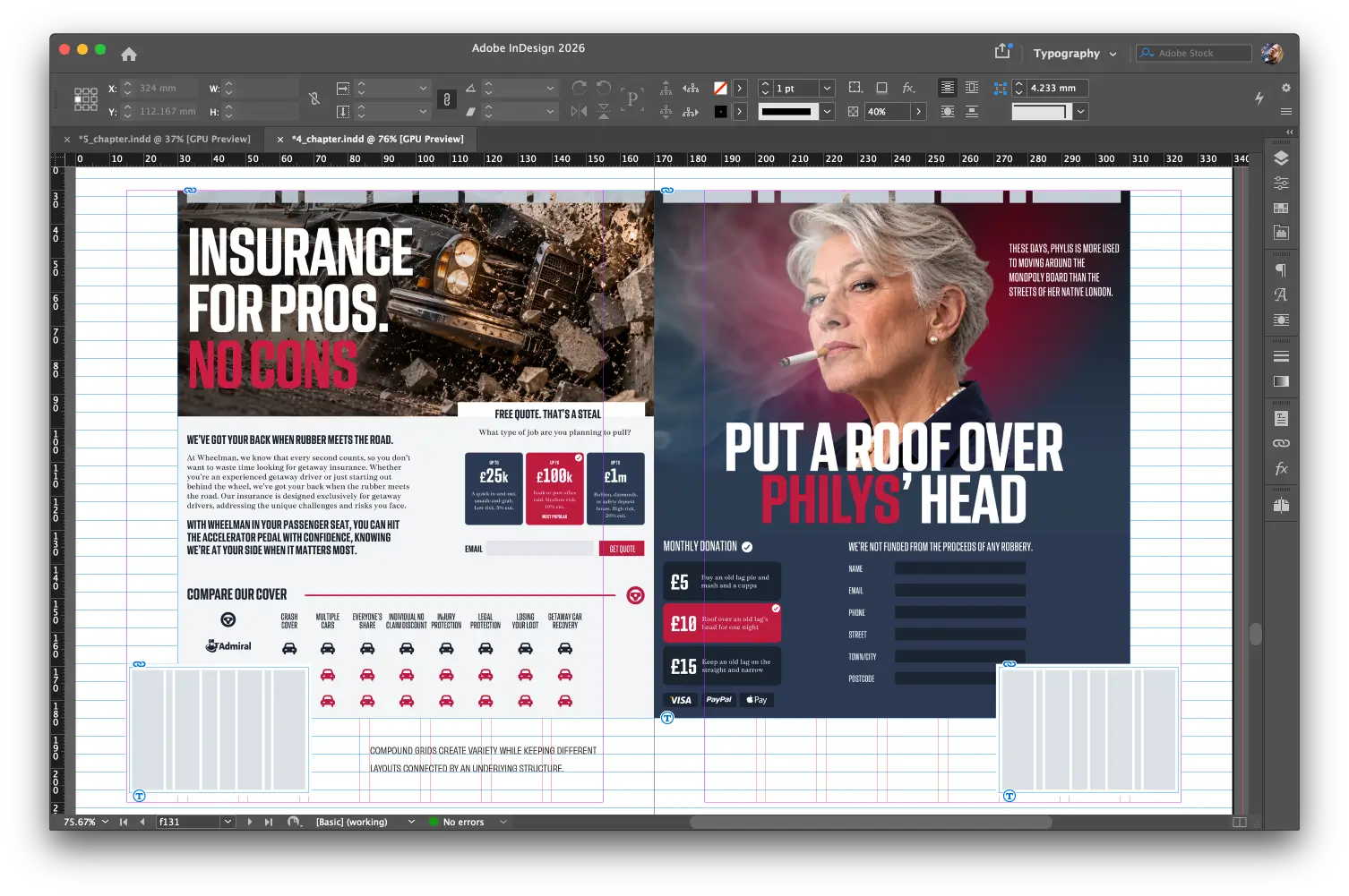 Spread showing how using a compound grid can help several page designs feel connected.